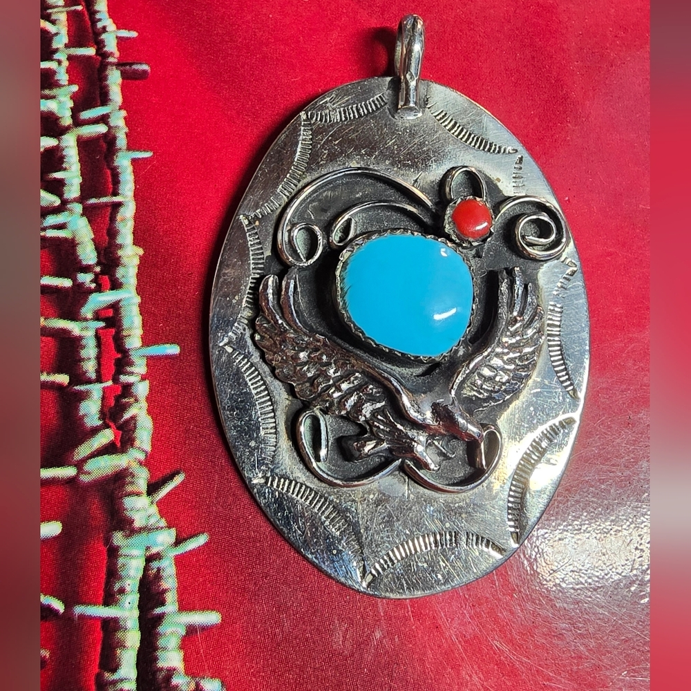 Vintage Native American Sterling Silver Pendant With Turquoise And Coral